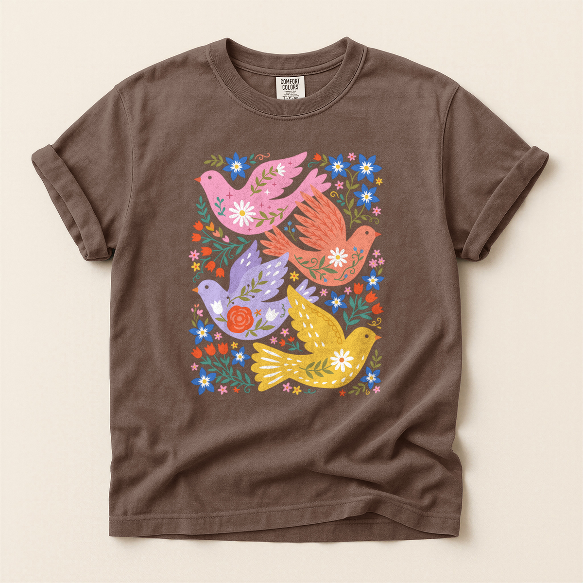 Folk Floral Birds - Espresso