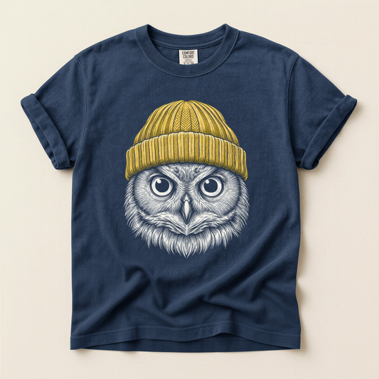 Owl Yellow Beanie - Navy