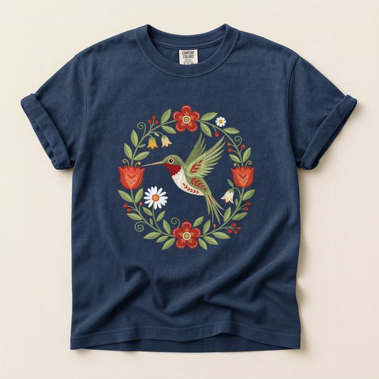 Hummingbird Floral Wreath - Navy