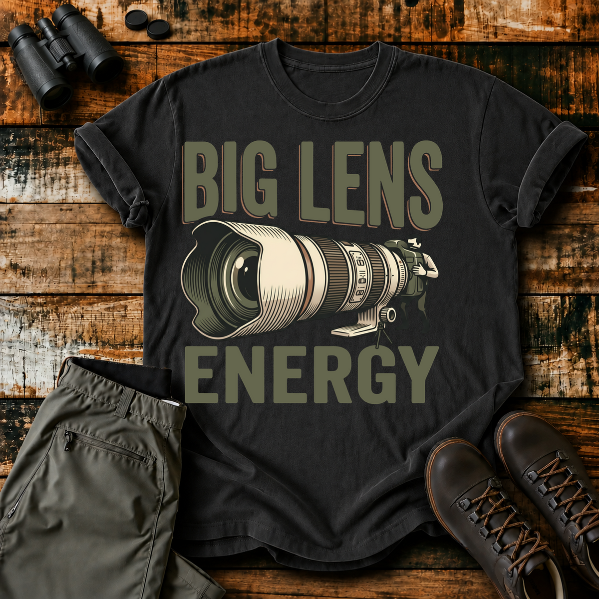 Big Lens Energy Bird Photography Tee in Black, centered front design on a birdwatching flat-lay mockup