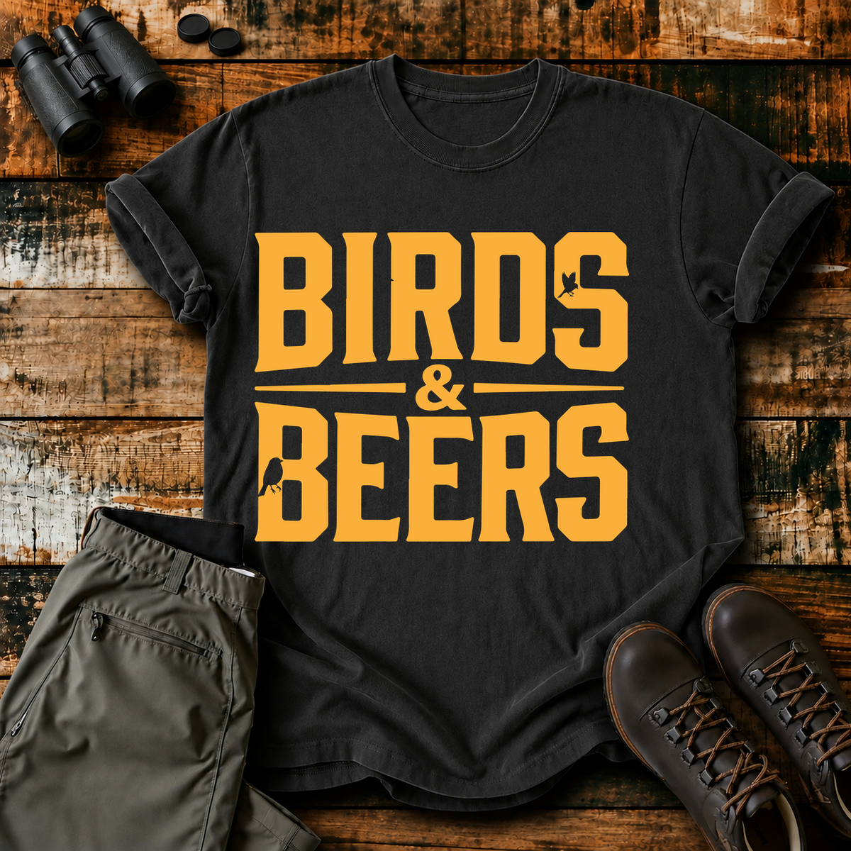 Birds & Beers Tee in Black, centered front design on a birdwatching flat-lay mockup