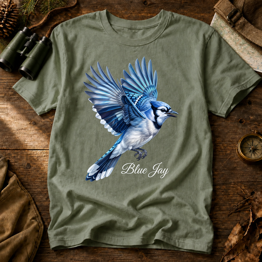 Blue Jay in Flight Tee in Bay, centered front design on a birdwatching flat-lay mockup