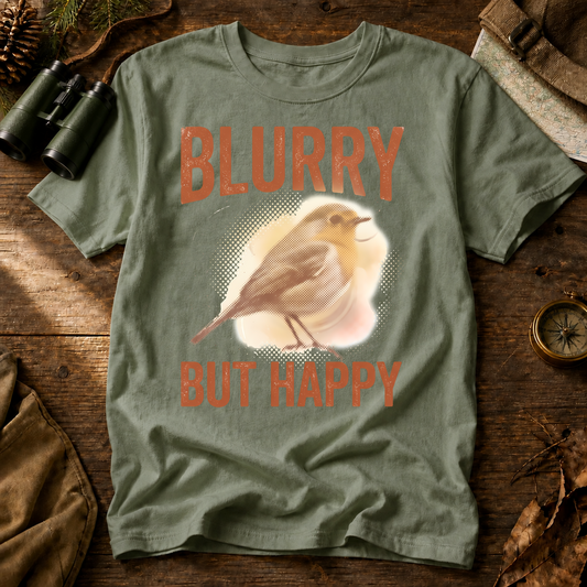 Blurry but Happy Bird Photography Tee in Bay, centered front design on a birdwatching flat-lay mockup