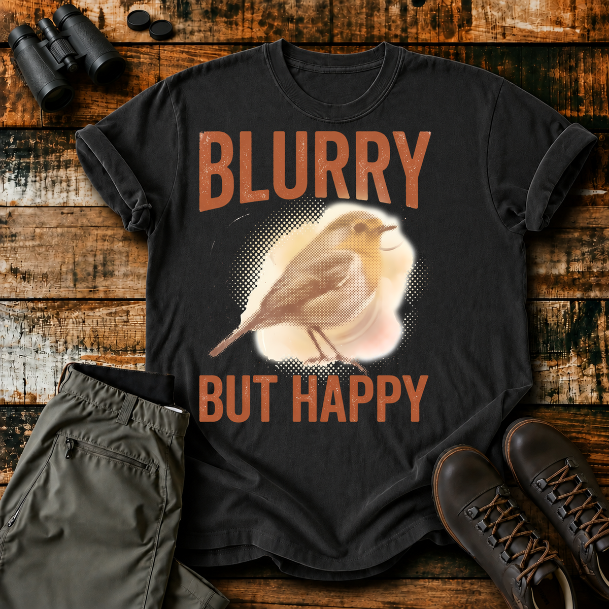 Blurry but Happy Bird Photography Tee in Black, centered front design on a birdwatching flat-lay mockup