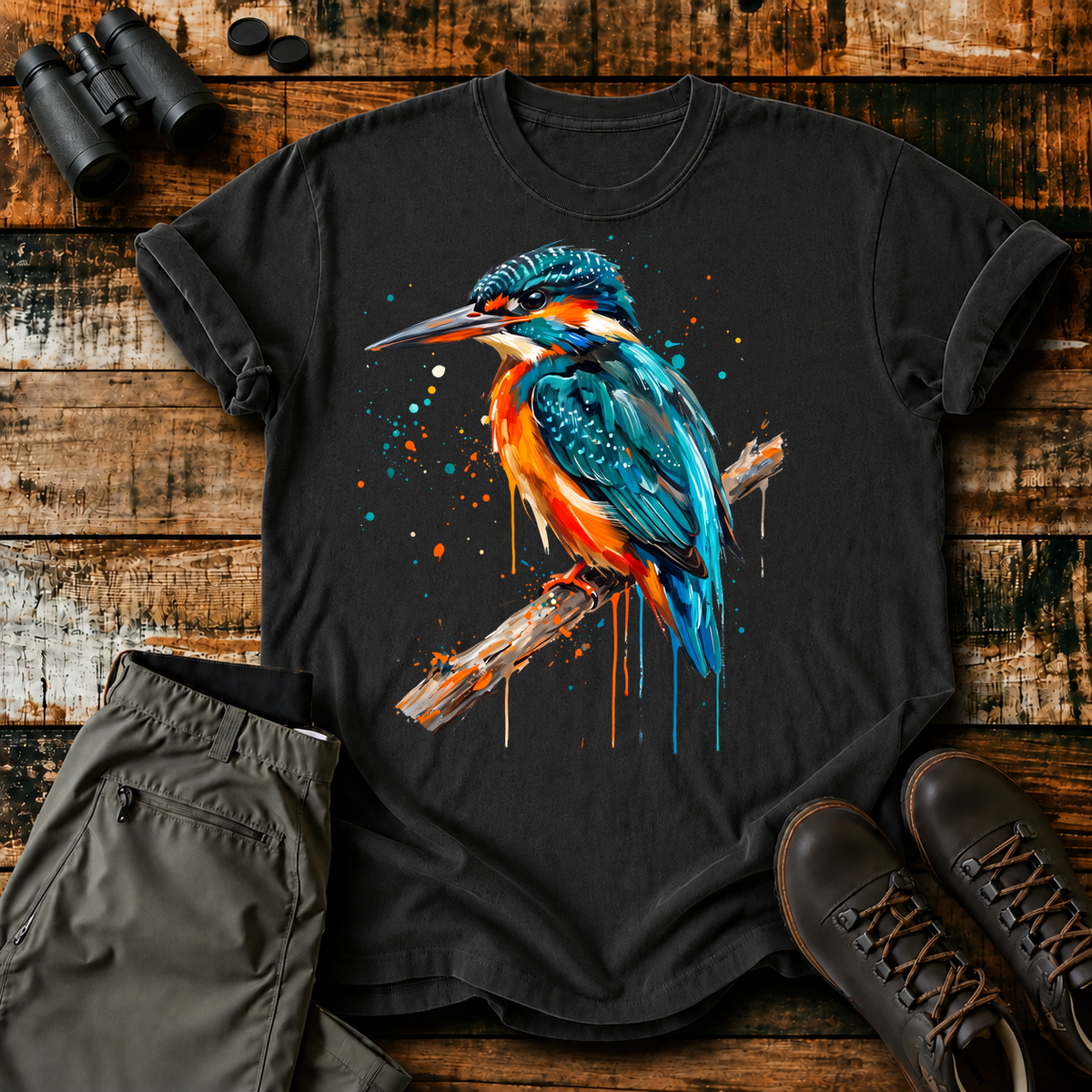 Common Kingfisher Watercolor Tee in Black, centered front design on a birdwatching flat-lay mockup
