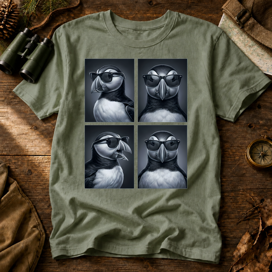Cool Puffin Portraits Tee in Bay, centered front design on a birdwatching flat-lay mockup