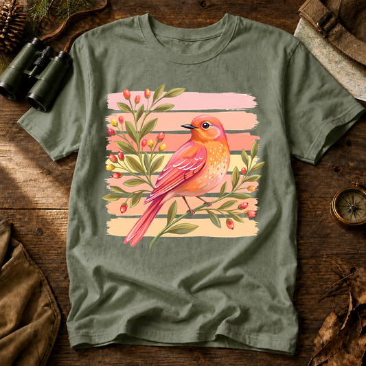 Coral Songbird Berries Tee in Bay, centered front design on a birdwatching flat-lay mockup