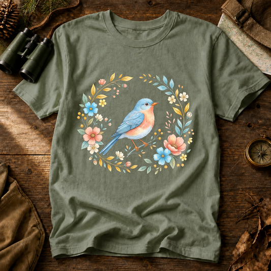 Eastern Bluebird Floral Wreath Tee in Bay, centered front design on a birdwatching flat-lay mockup