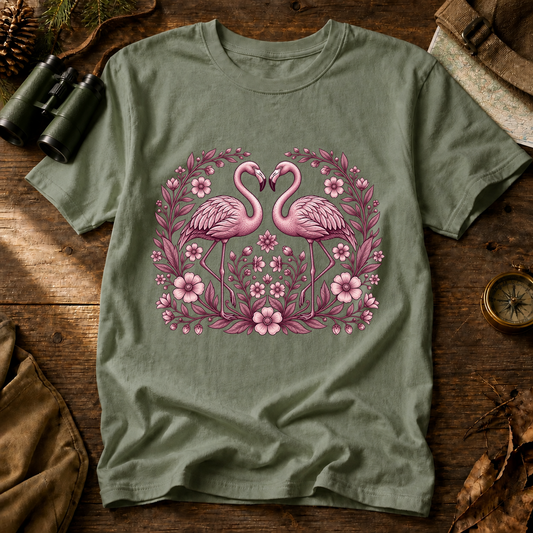 Floral Flamingo Pair Tee in Bay, centered front design on a birdwatching flat-lay mockup