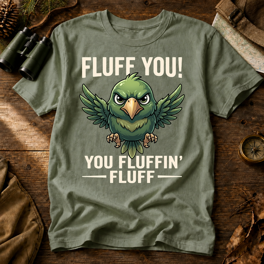 Fluff You Fluffin' Bird Tee in Bay, centered front design on a birdwatching flat-lay mockup