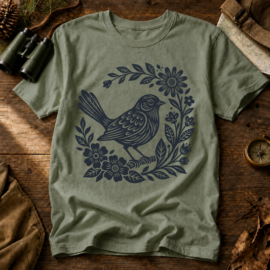 Folk Floral Songbird Tee in Bay, centered front design on a birdwatching flat-lay mockup