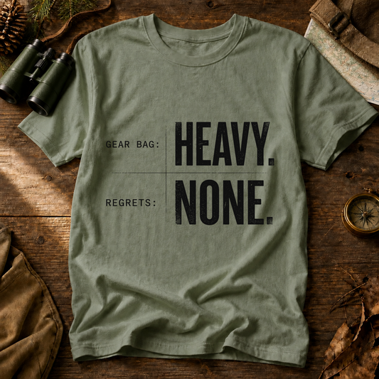 Gear Bag Heavy Regrets None Tee in Bay, centered front design on a birdwatching flat-lay mockup