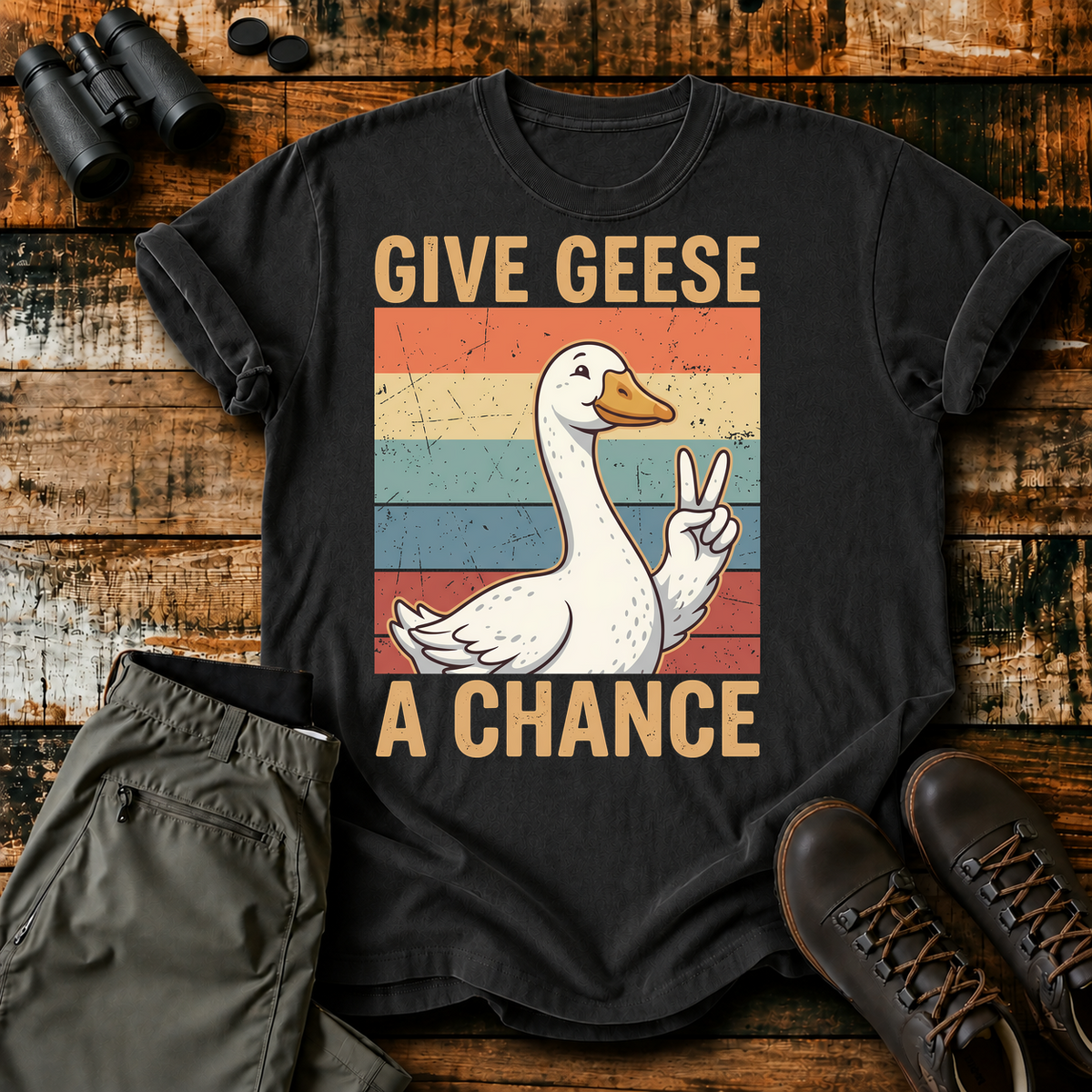 Give Geese a Chance Tee in Black, centered front design on a birdwatching flat-lay mockup