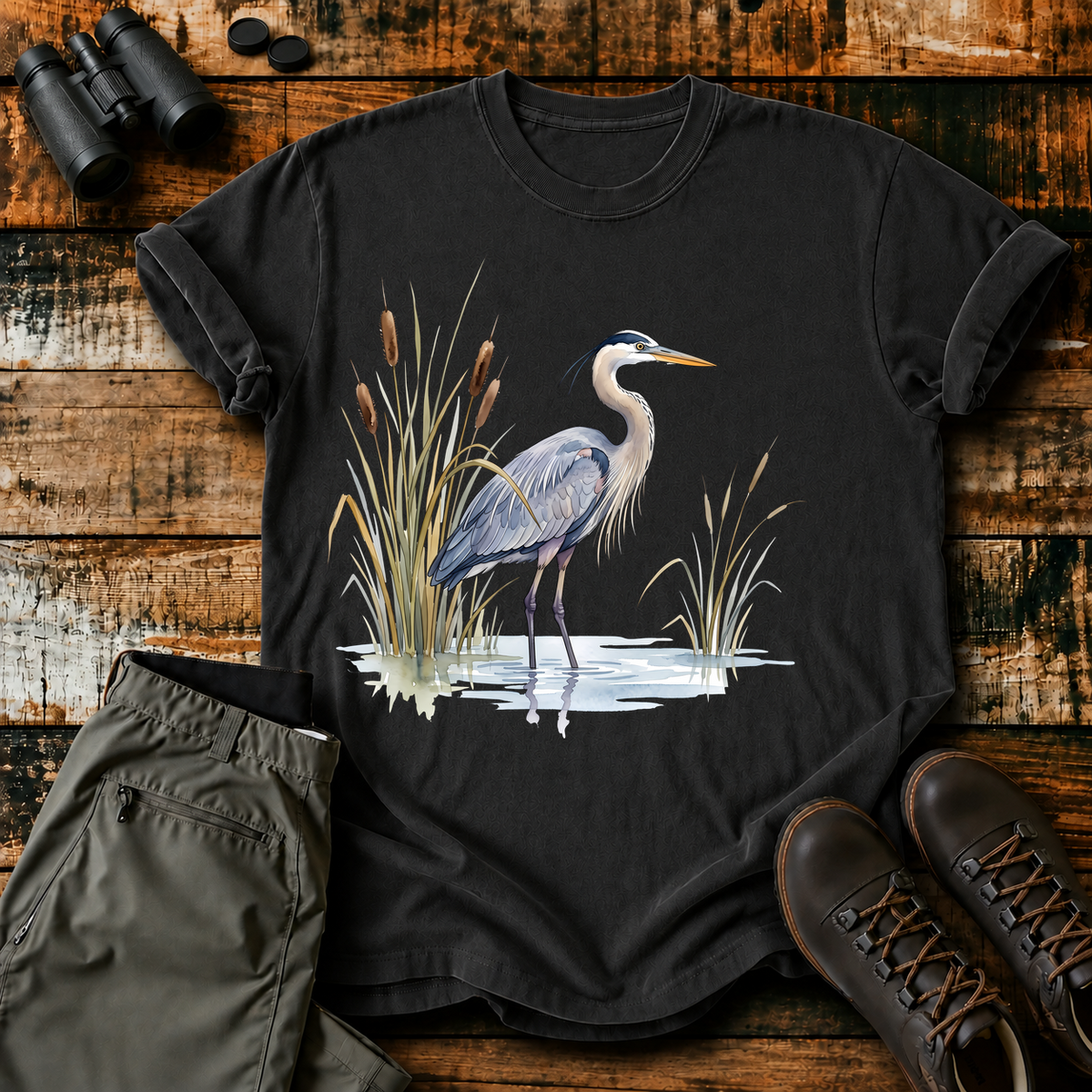 Great Blue Heron Wetland Watercolor Tee in Black, centered front design on a birdwatching flat-lay mockup