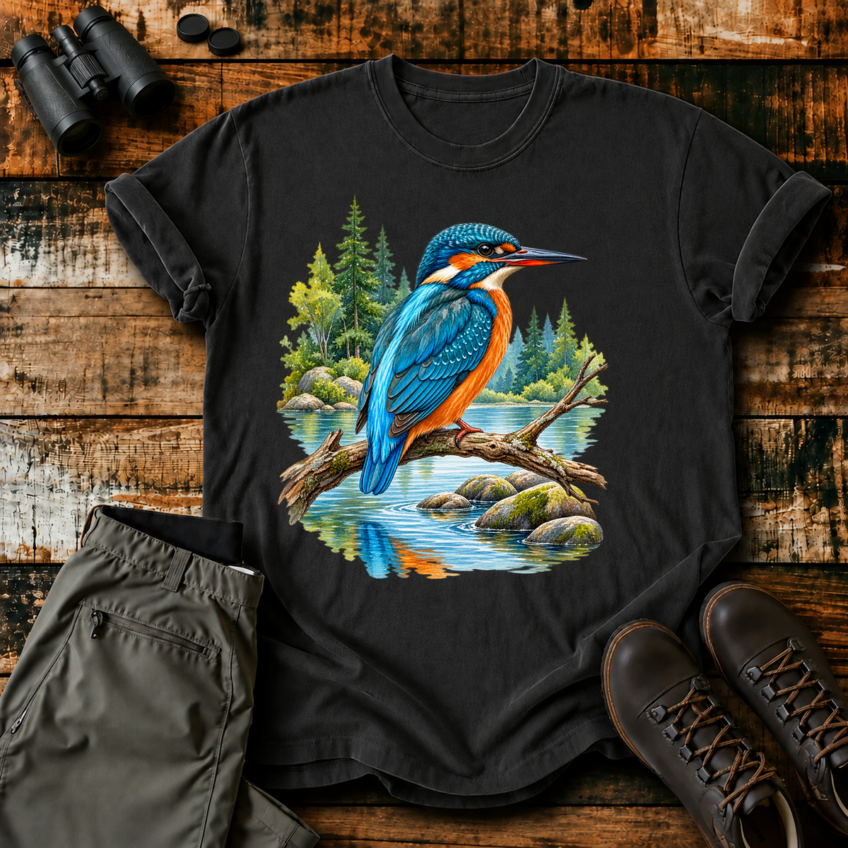 Kingfisher Woodland Stream Tee in Black, centered front design on a birdwatching flat-lay mockup