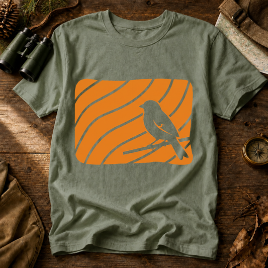 Minimal Topographic Bird Tee in Bay, centered front design on a birdwatching flat-lay mockup