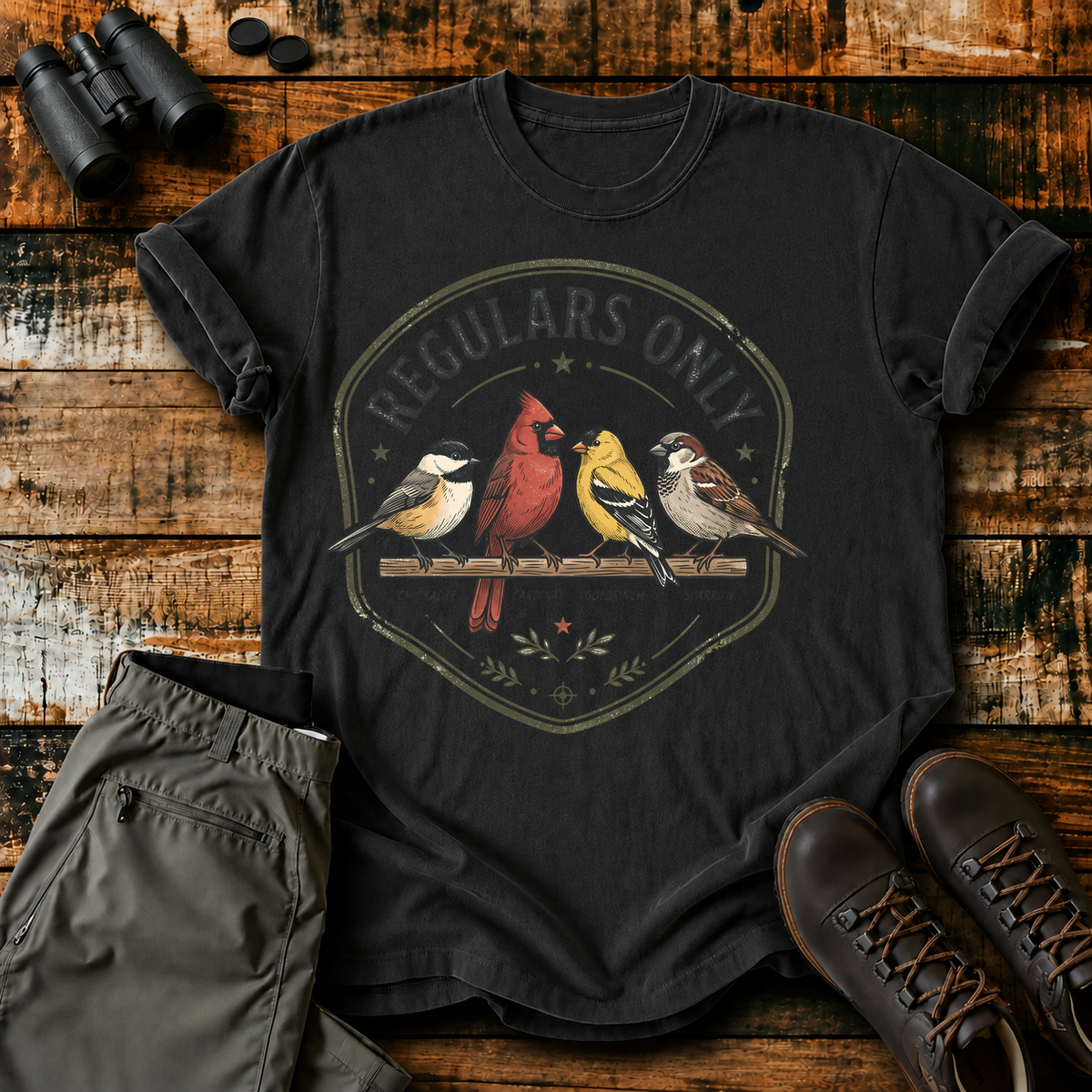 Regulars Only Backyard Birds Tee in Black, centered front design on a birdwatching flat-lay mockup