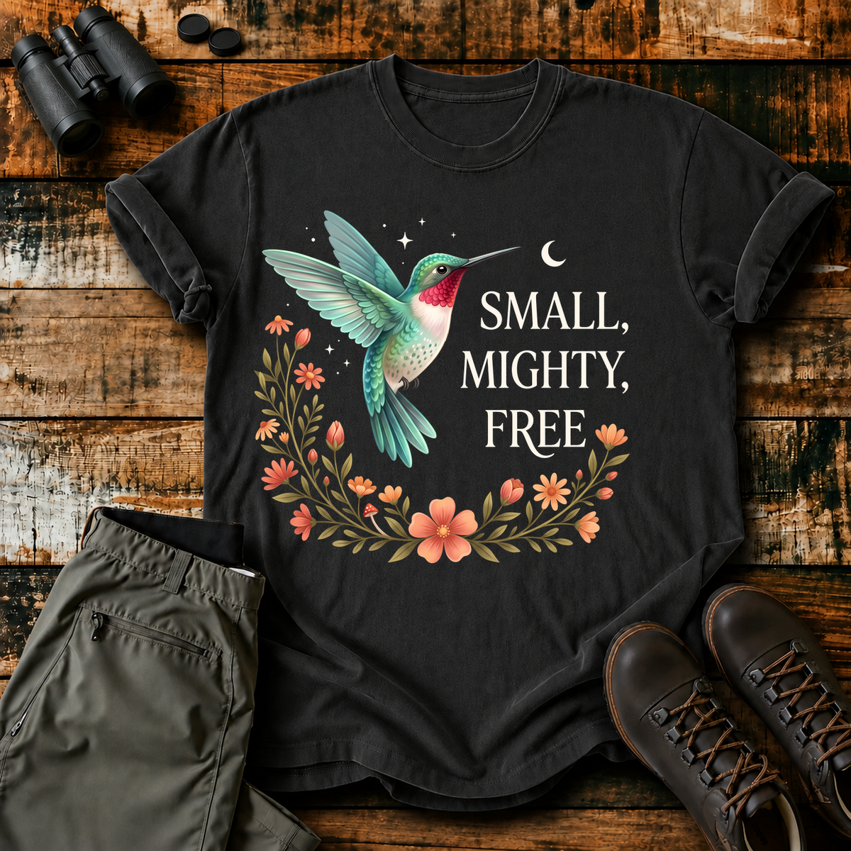 Small Mighty Free Hummingbird Tee in Black, centered front design on a birdwatching flat-lay mockup