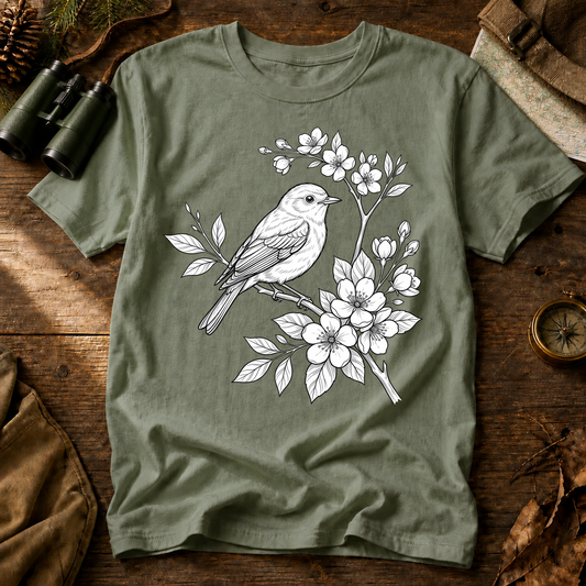 Songbird Blossom Sketch Tee in Bay, centered front design on a birdwatching flat-lay mockup