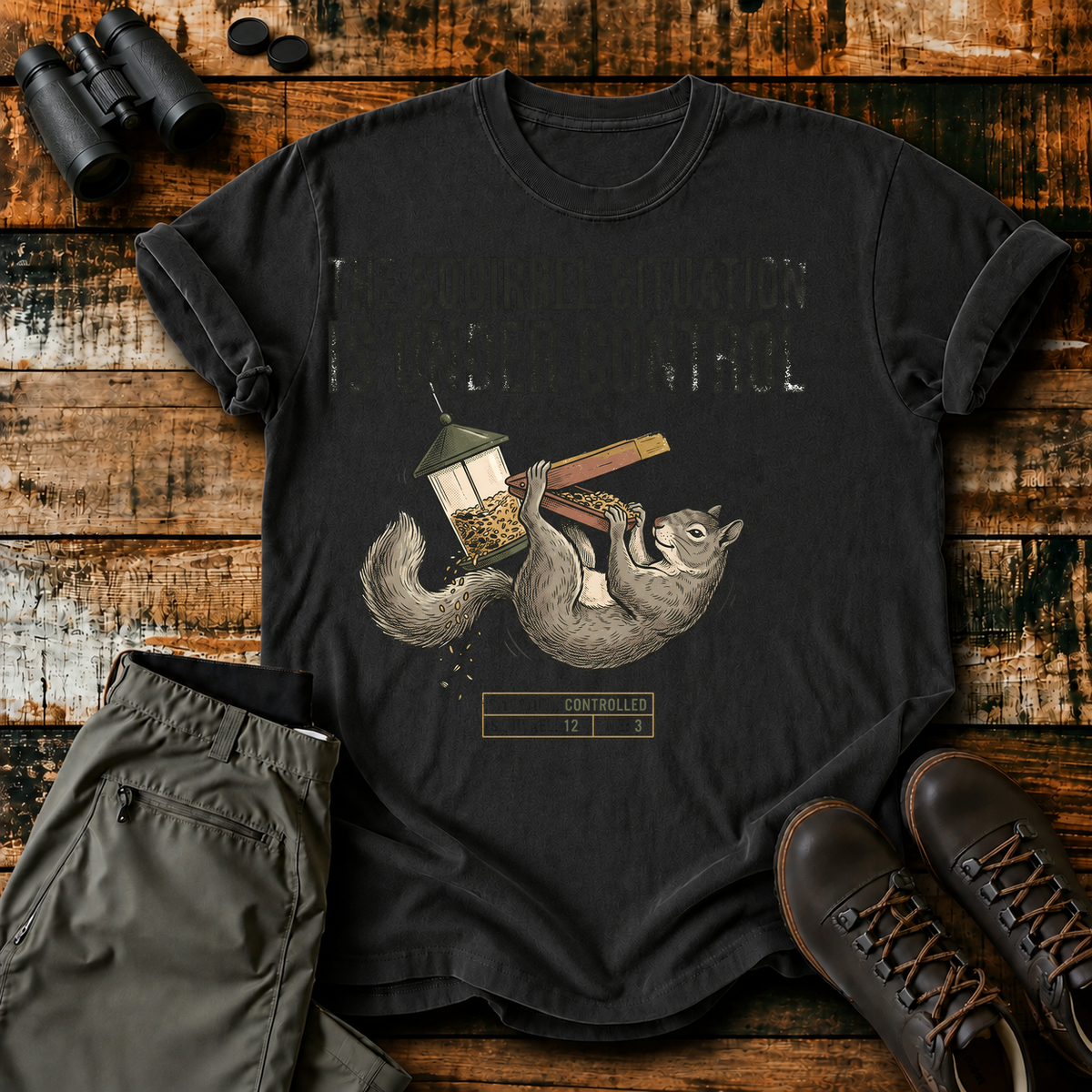 Squirrel Situation Under Control Tee in Black, centered front design on a birdwatching flat-lay mockup