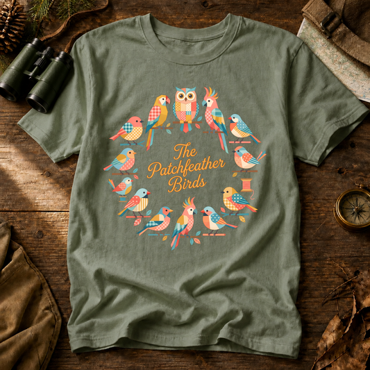 The Patchfeather Birds Quilt Flock Tee in Bay, centered front design on a birdwatching flat-lay mockup
