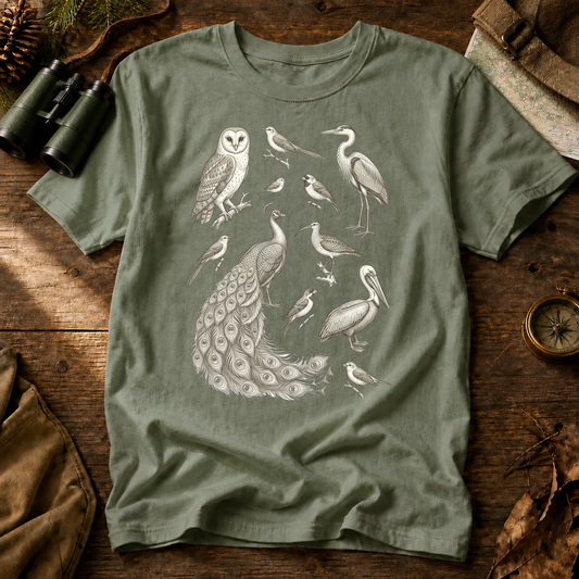 Vintage Field Guide Bird Collection Tee in Bay, centered front design on a birdwatching flat-lay mockup