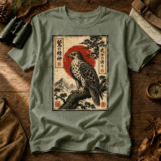 Vintage Japanese Raptor Art Tee in Bay, centered front design on a birdwatching flat-lay mockup