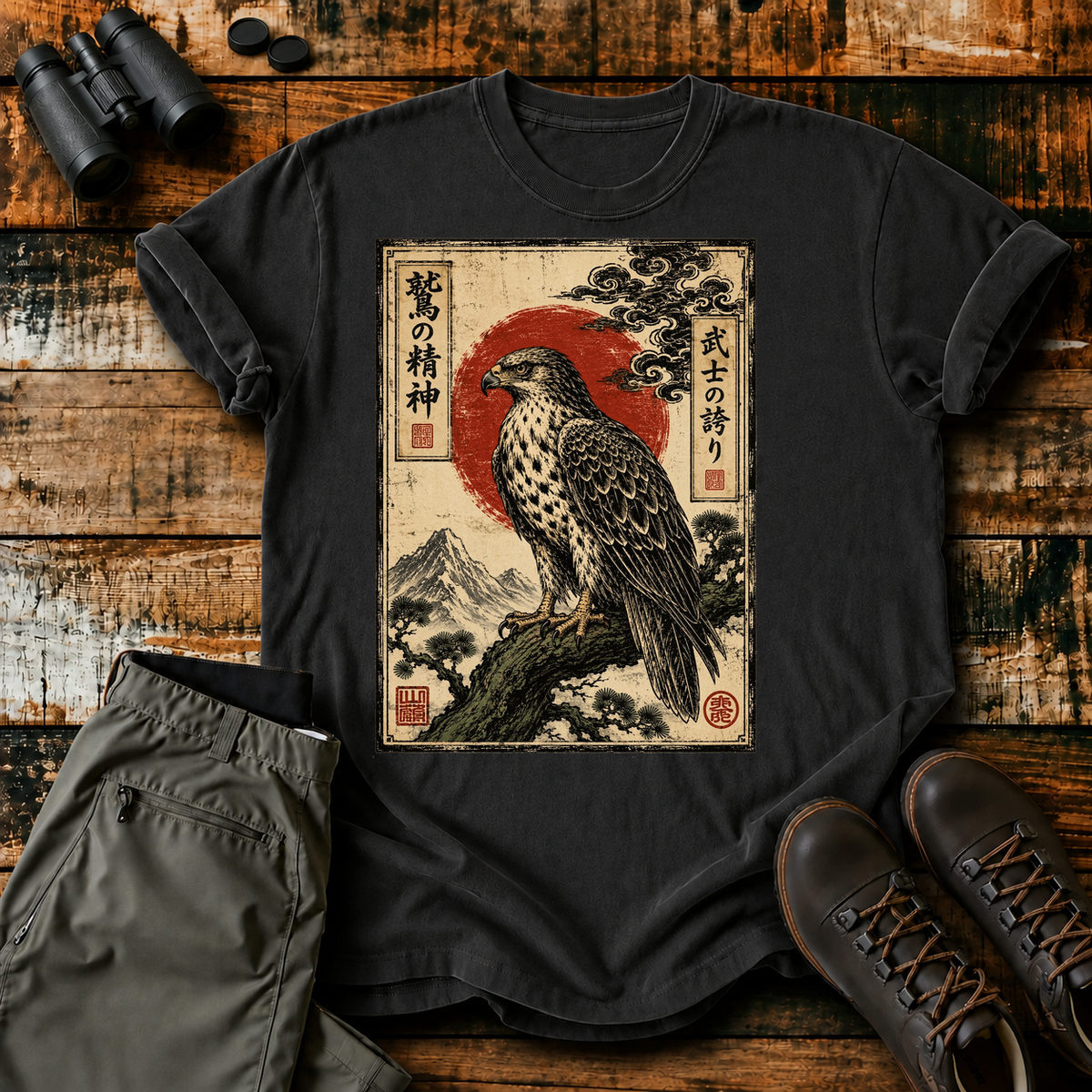 Vintage Japanese Raptor Art Tee in Black, centered front design on a birdwatching flat-lay mockup