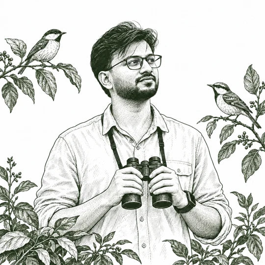 Forest-green ink portrait of Rey, founder of The Bird Habit, holding binoculars among birds.