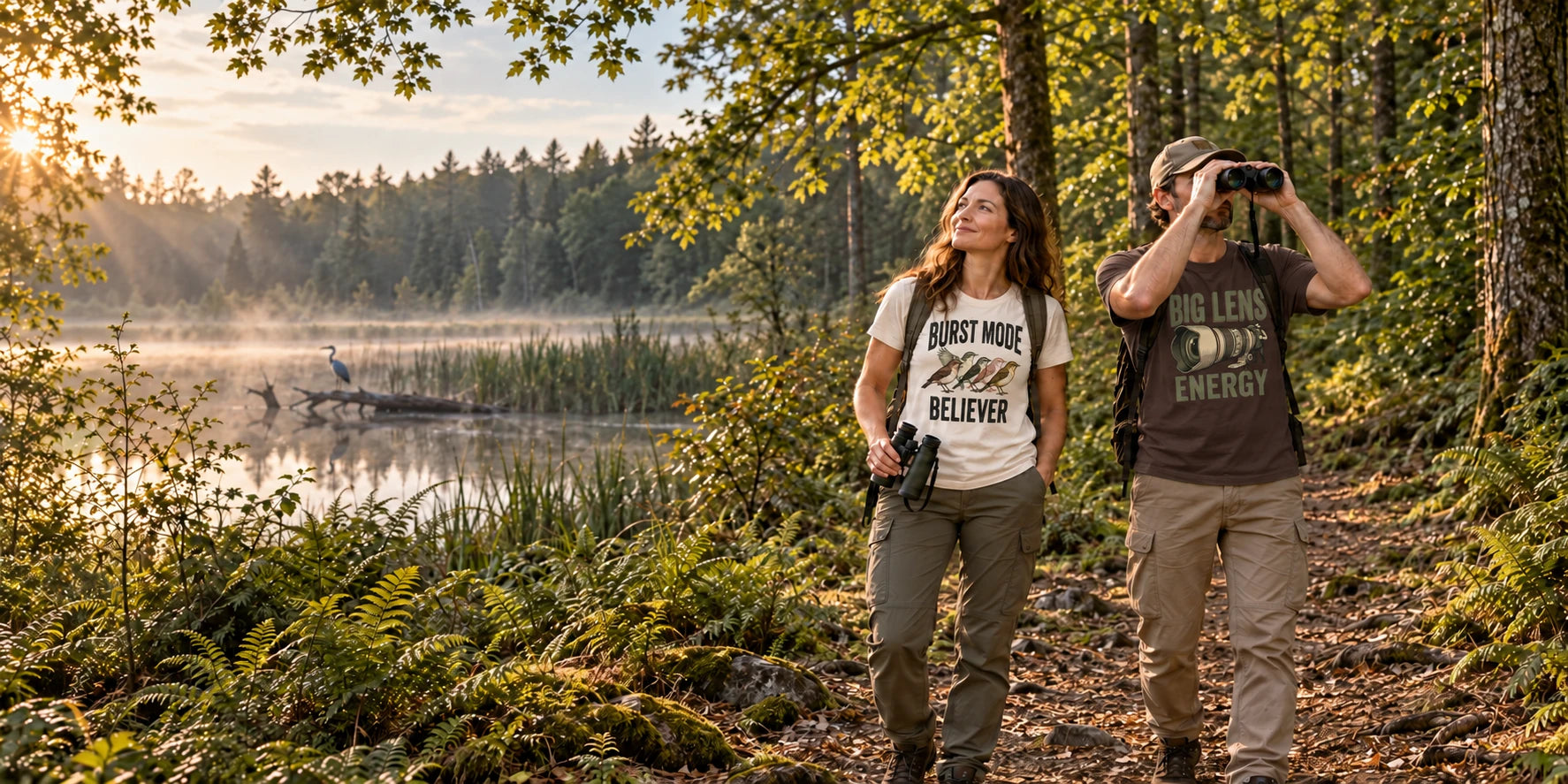 A couple birdwatching beside a woodland wetland: she wears our Burst Mode Believer tee in Ivory, and he wears our Big Lens Energy tee in Espresso.