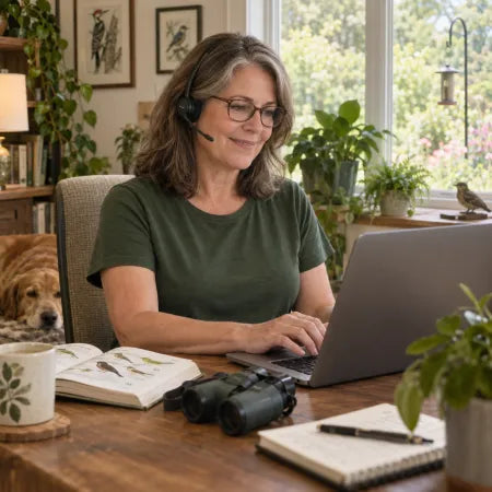 AI-created support scene of a woman helping at a laptop in a bird-inspired home office.