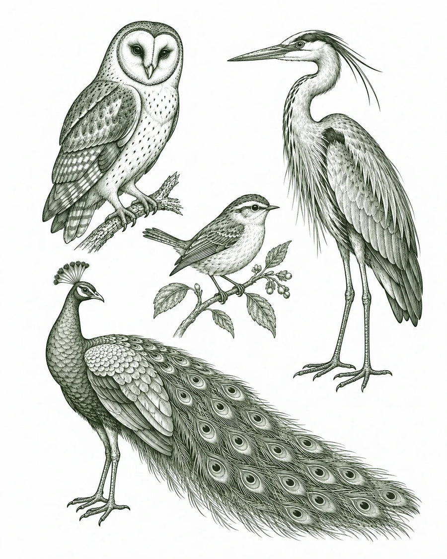 Natural-history study of an owl, heron, songbird and peacock, in forest-green vintage ink.