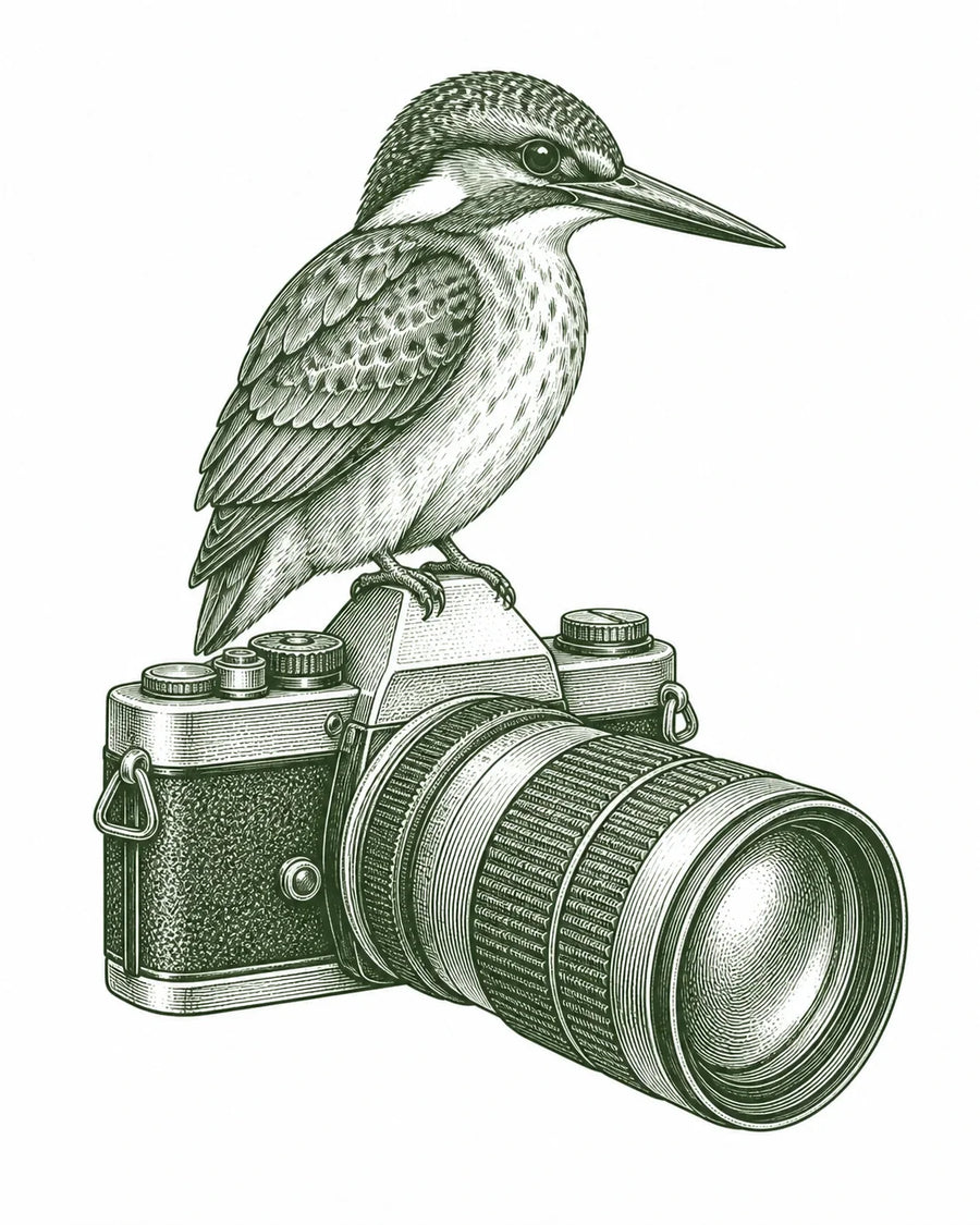 Kingfisher perched on a camera with a telephoto lens, in forest-green vintage ink.