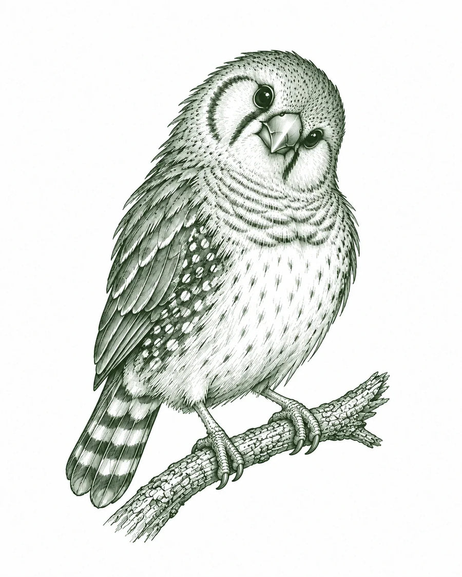 Curious zebra finch tilting its head on a twig, in forest-green vintage ink.