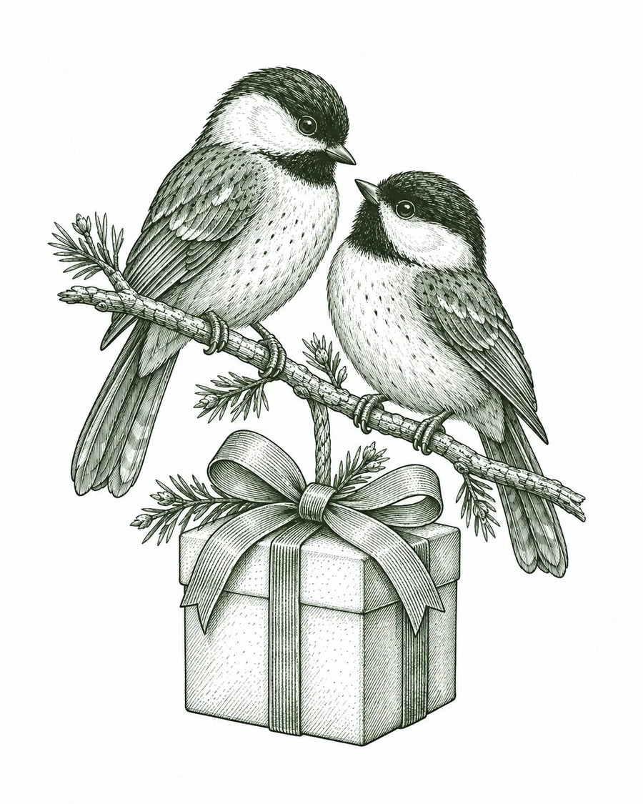 Two chickadees perched above a ribbon-wrapped gift, in forest-green vintage ink.