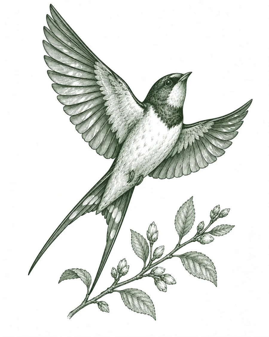 Barn swallow in flight above a budding spring branch, in forest-green vintage ink.