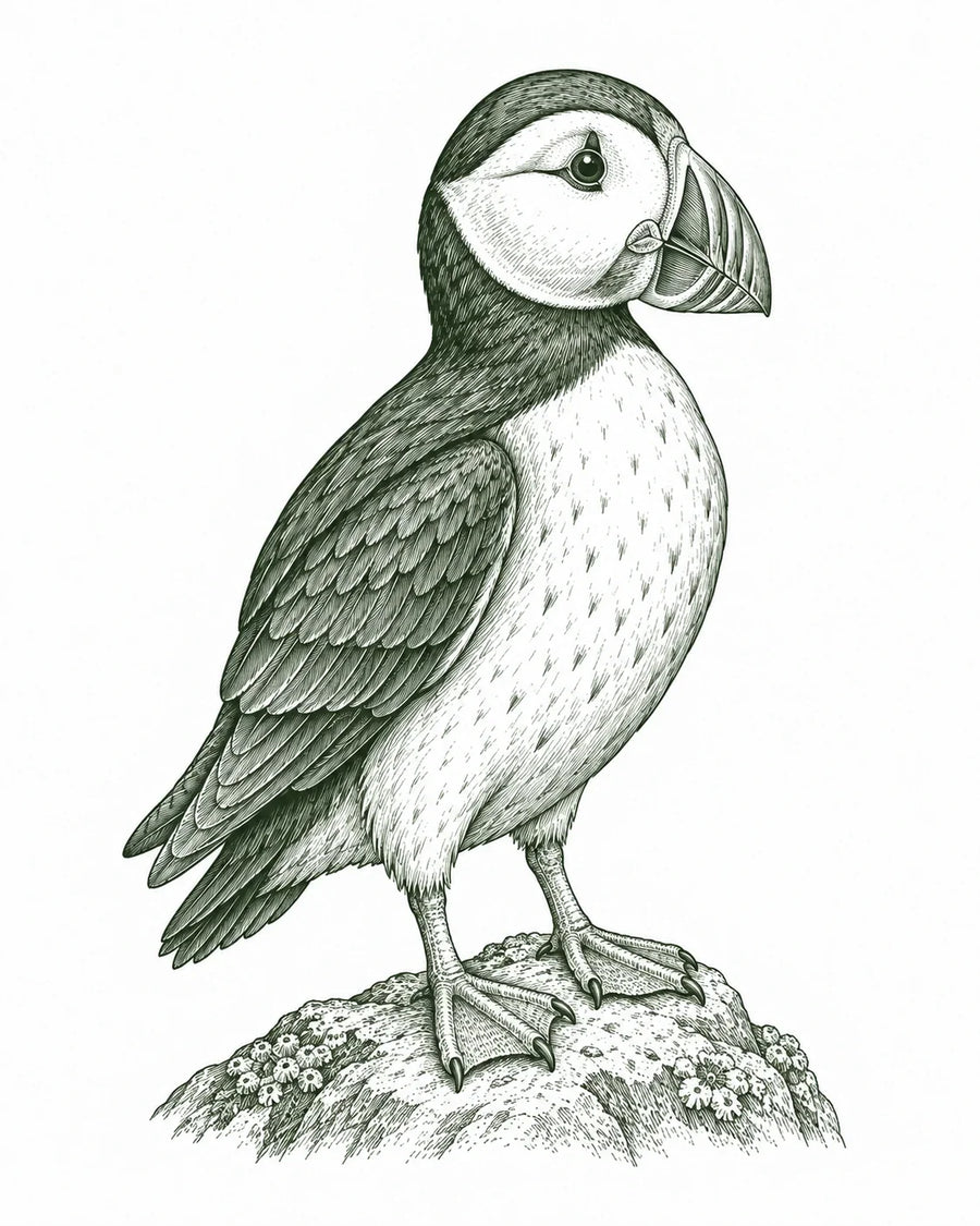 Atlantic puffin standing on a coastal rock, in forest-green vintage ink.