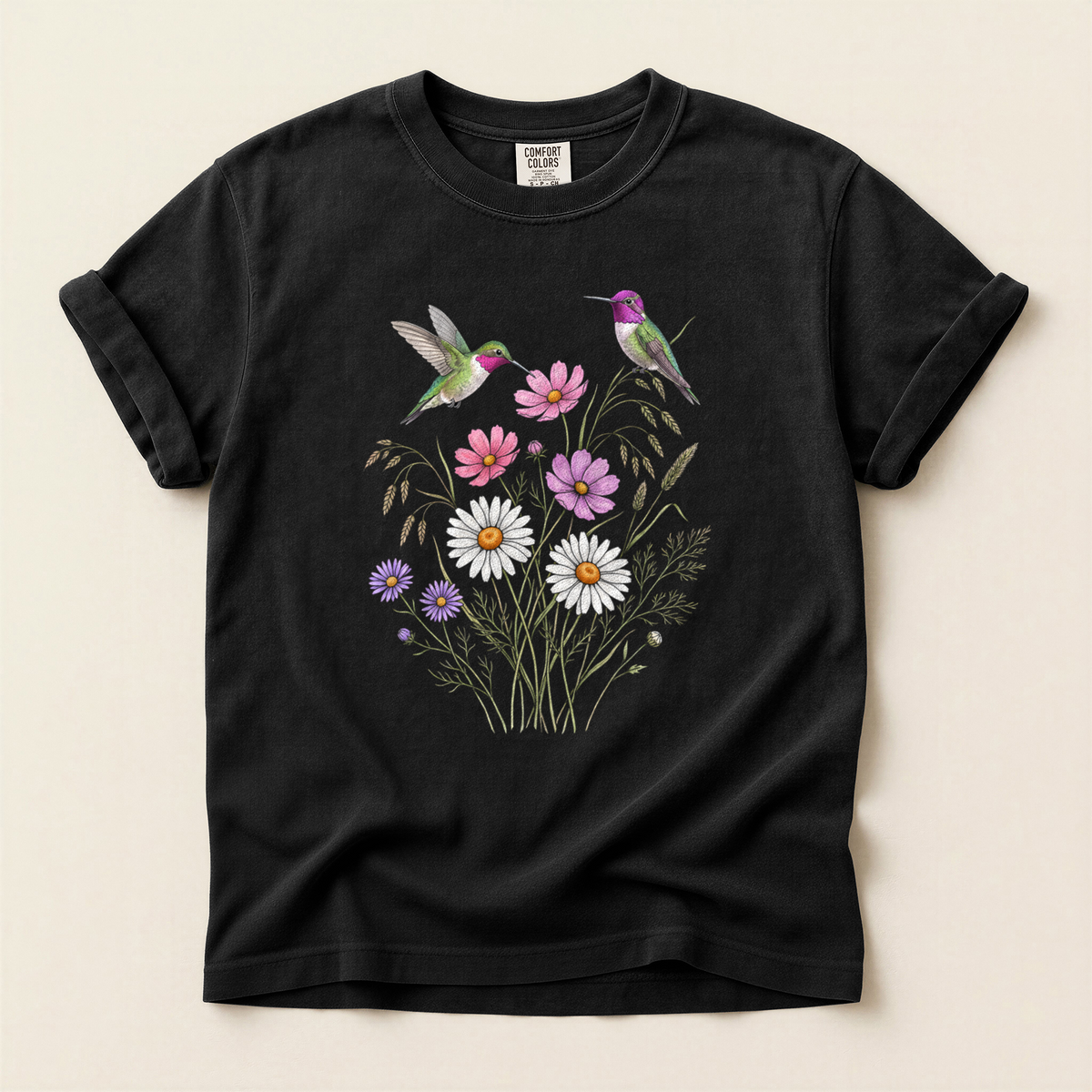 Hummingbirds Wild Daisies - Black