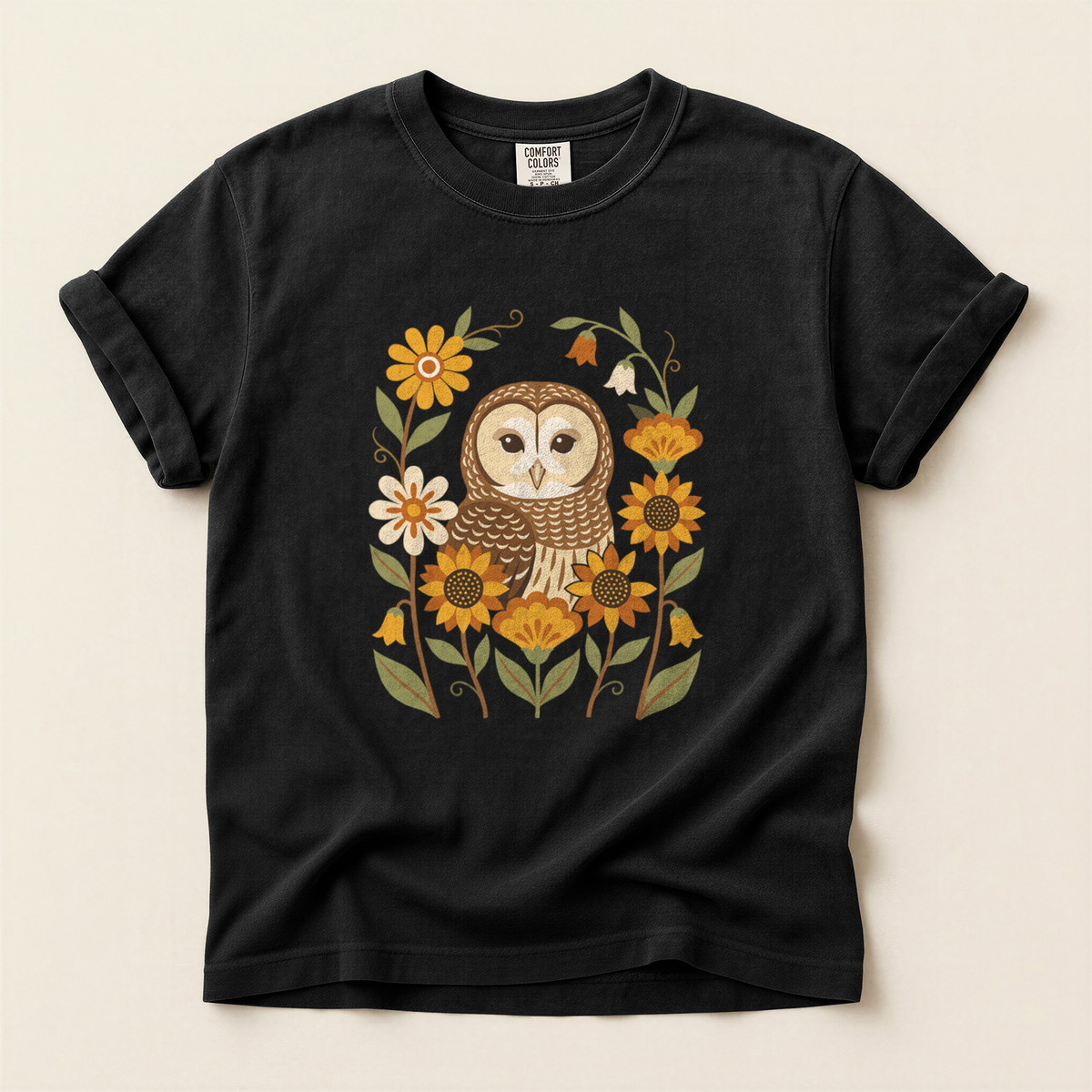 Folk Owl Sunflowers - Black
