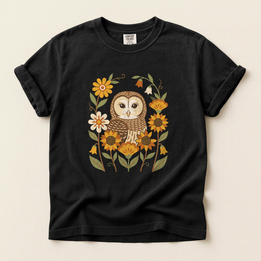 Folk Owl Sunflowers - Black