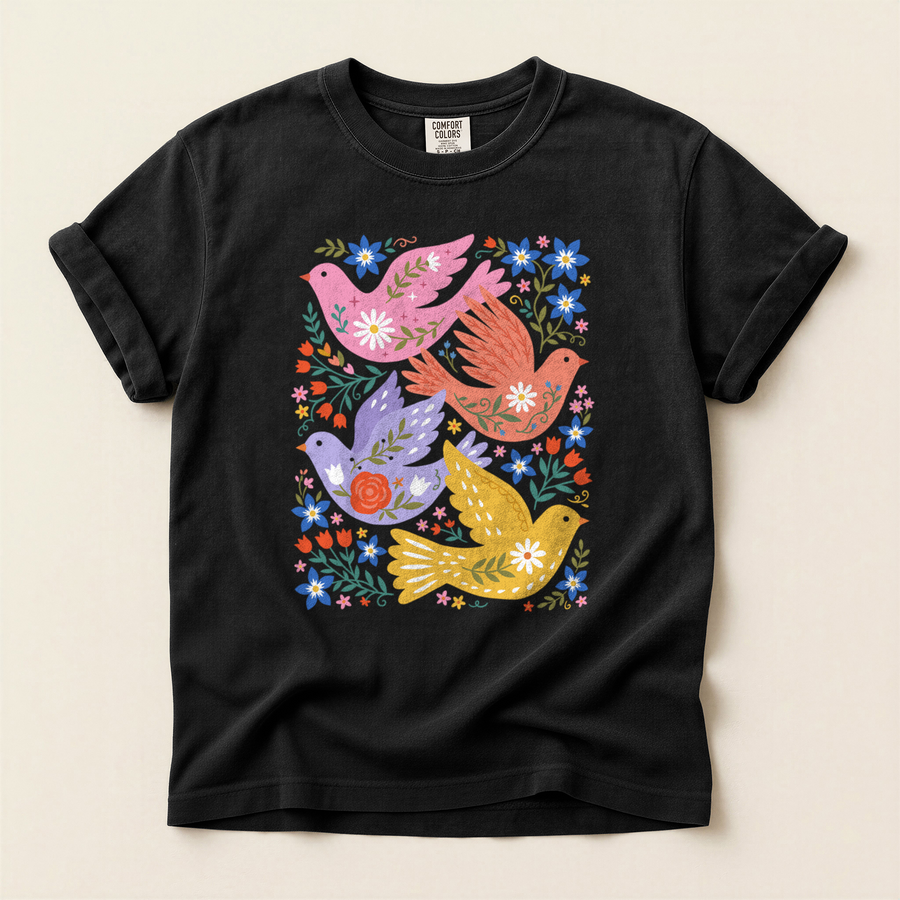 Folk Floral Birds T-Shirt