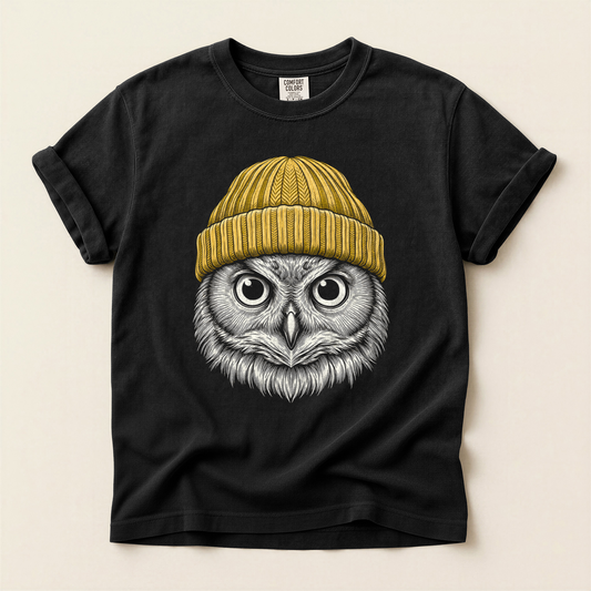 Owl Yellow Beanie - Black