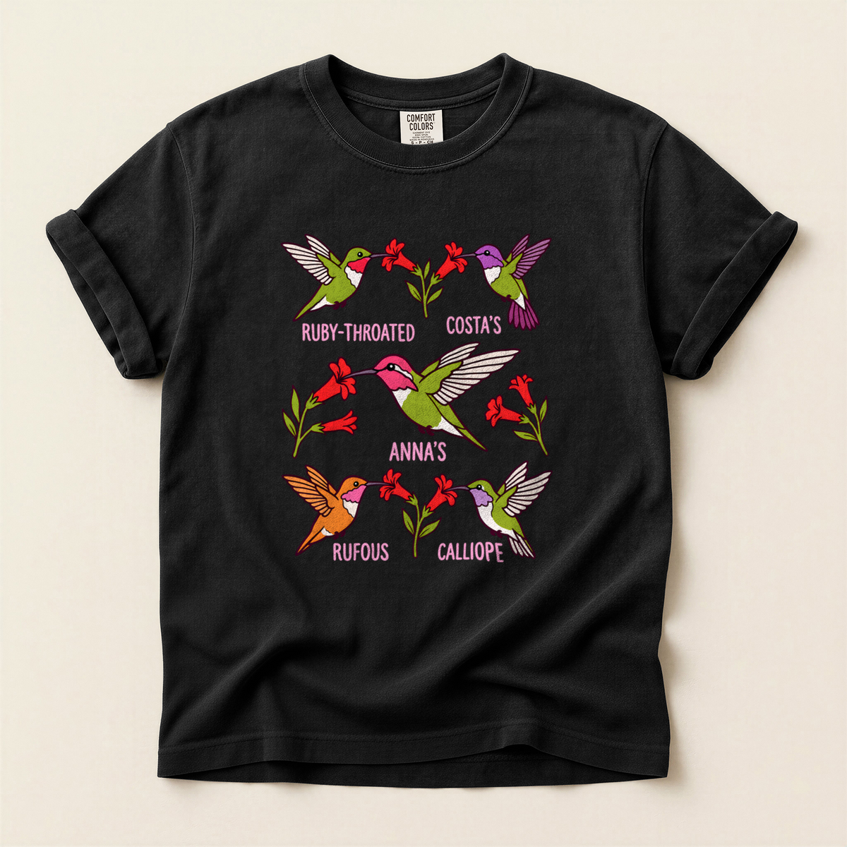 Hummingbird Species Chart T-Shirt in Bay laid beside field gear