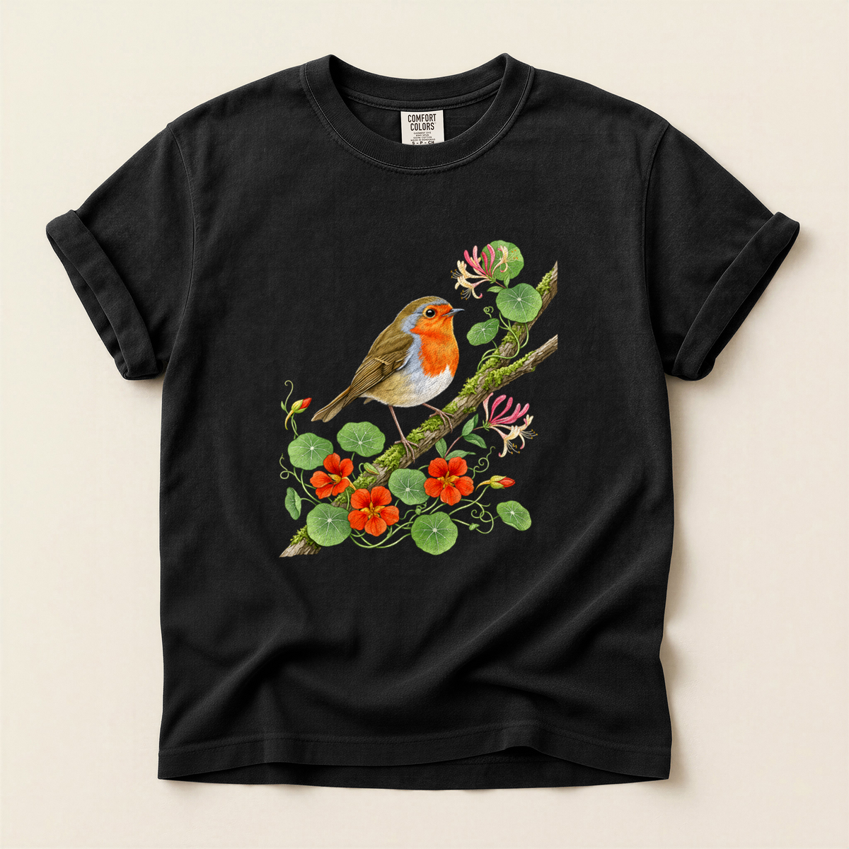 Robin Nasturtium Branch T-Shirt in Bay laid beside field gear