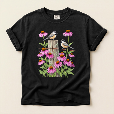 Chickadees And Coneflowers T-Shirt