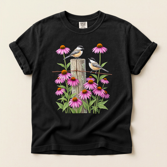Chickadees And Coneflowers - Black