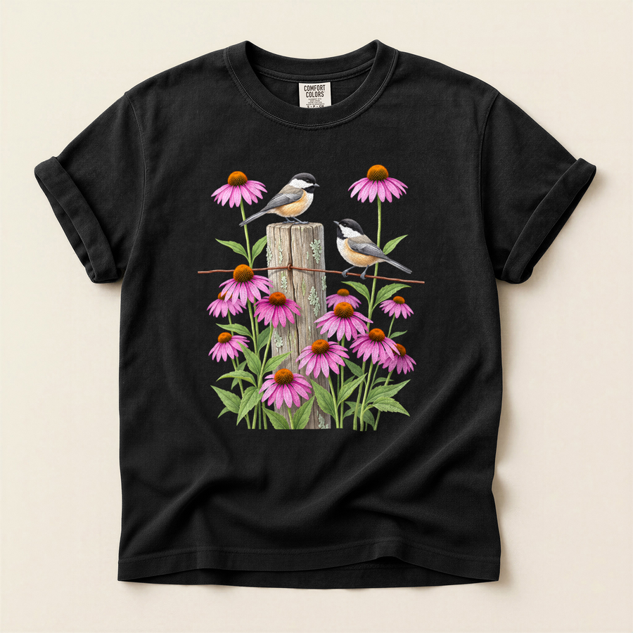 Chickadees And Coneflowers T-Shirt