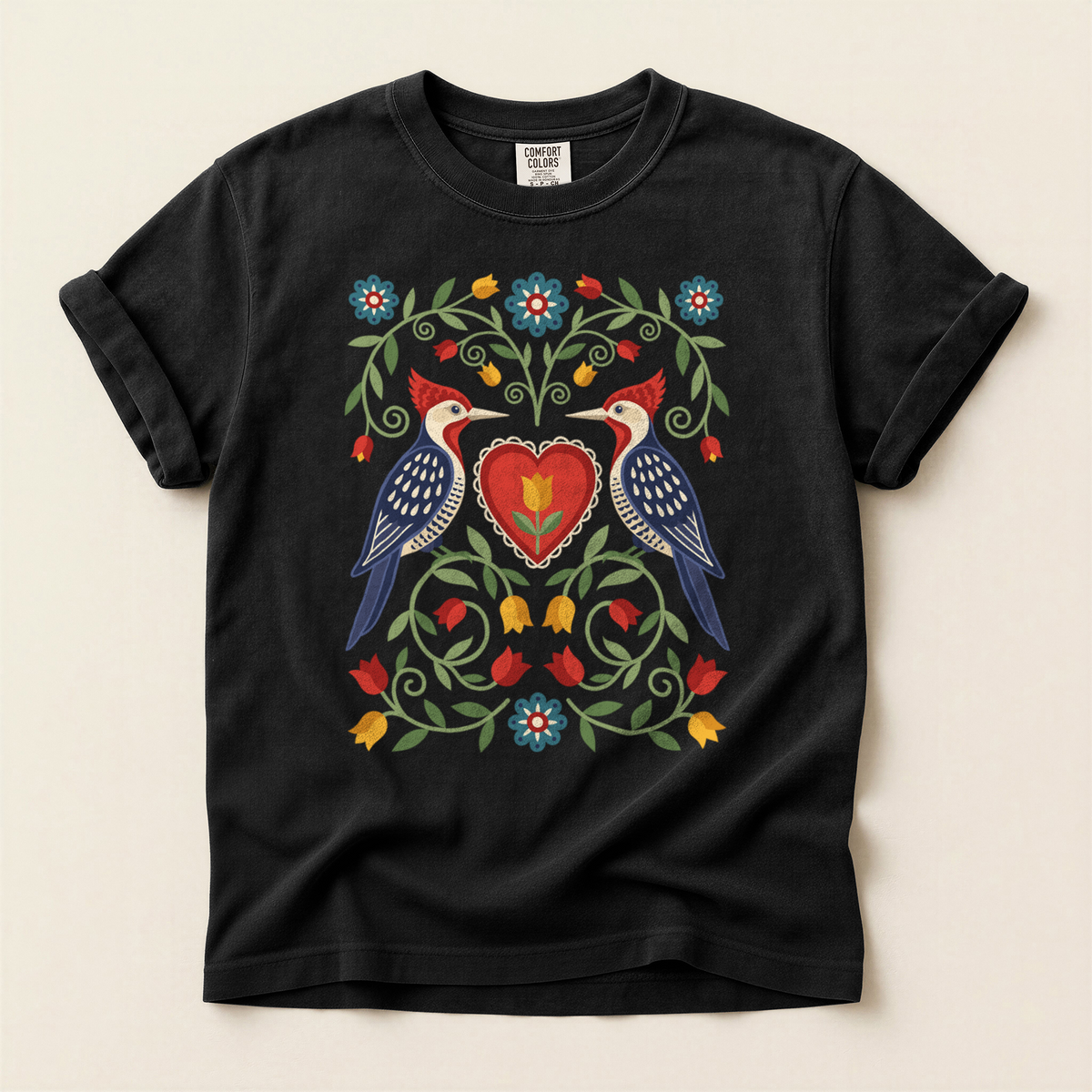 Folk Woodpecker Heart - Black