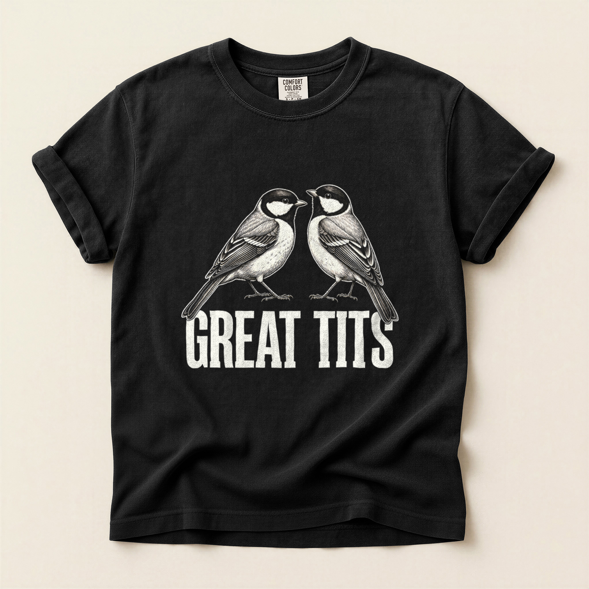 Great Tits Pair T-Shirt in Bay laid beside field gear