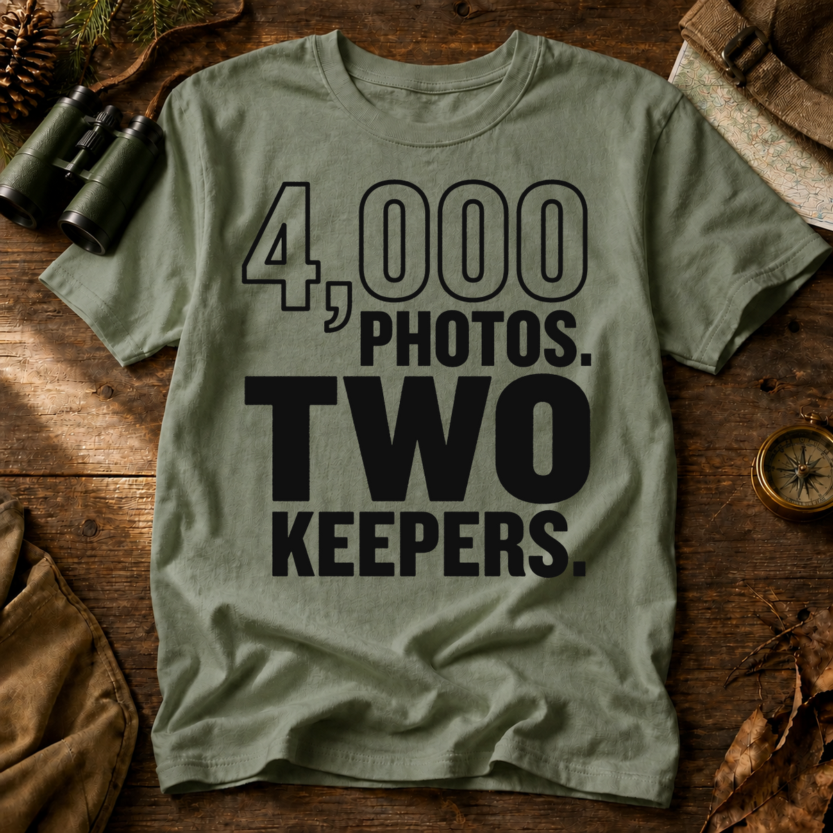 4,000 Photos Two Keepers Bird Photography Tee in Bay laid beside field gear